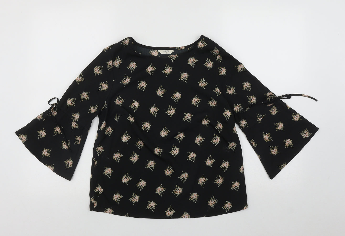 Papaya Womens Black Floral Polyester Basic Blouse Size 8 Round Neck