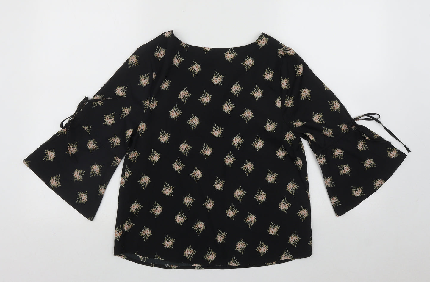 Papaya Womens Black Floral Polyester Basic Blouse Size 8 Round Neck