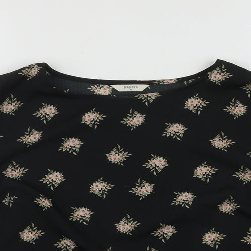 Papaya Womens Black Floral Polyester Basic Blouse Size 8 Round Neck