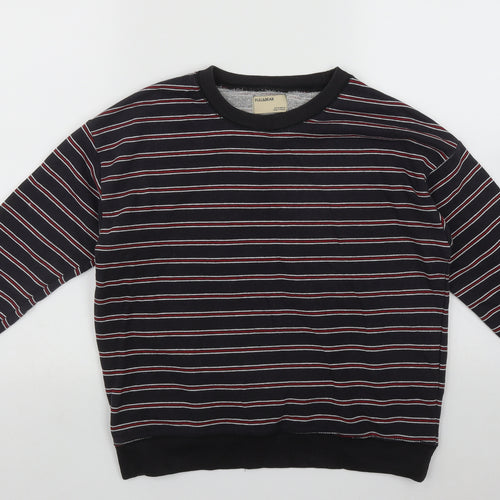 Pull&Bear Mens Black Round Neck Striped Cotton Pullover Jumper Size XS
