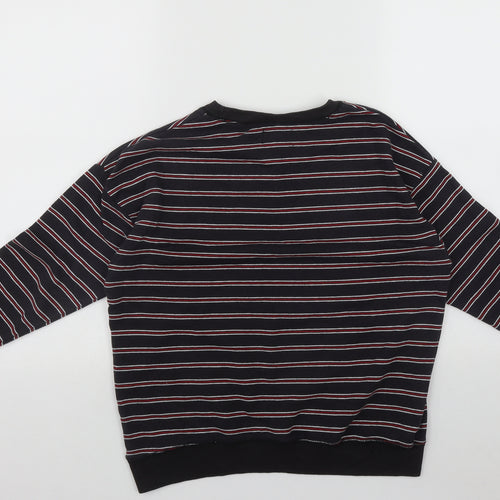 Pull&Bear Mens Black Round Neck Striped Cotton Pullover Jumper Size XS