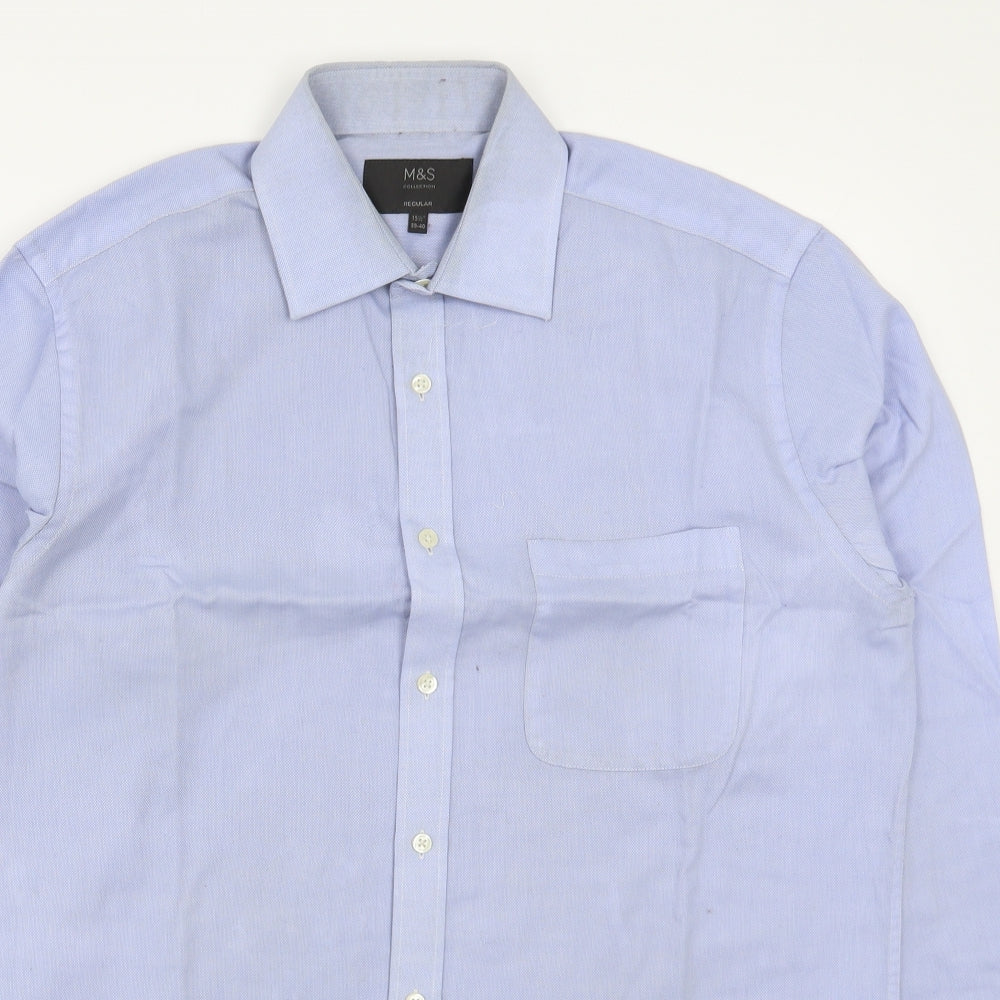 Marks and Spencer Mens Blue  Cotton  Dress Shirt Size 15.5 Collared Button