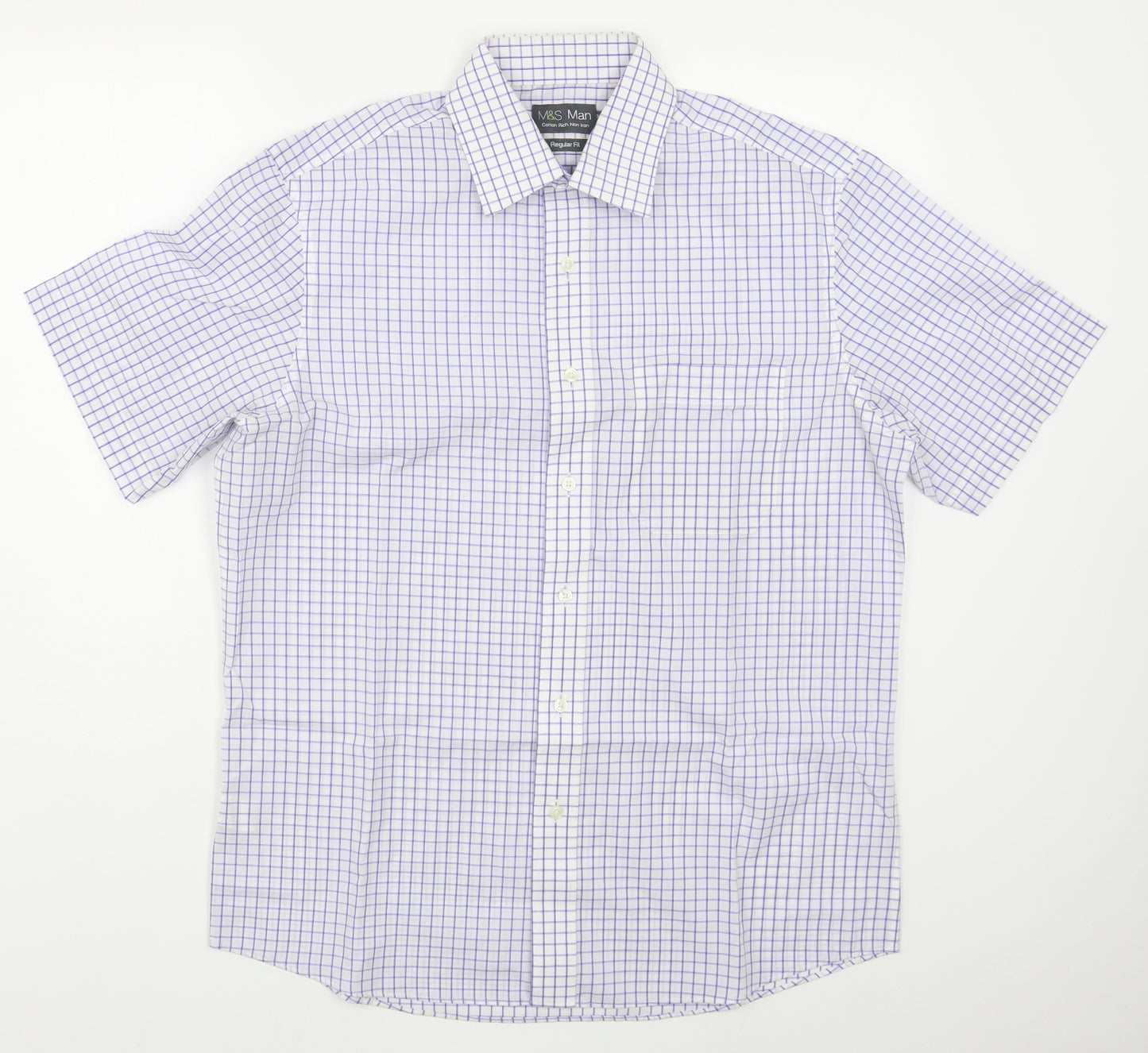 Marks and Spencer Mens Blue Check Cotton  Dress Shirt Size 15.5 Collared Button