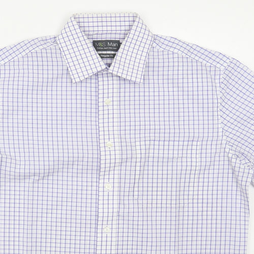 Marks and Spencer Mens Blue Check Cotton  Dress Shirt Size 15.5 Collared Button