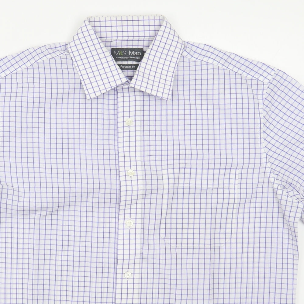 Marks and Spencer Mens Blue Check Cotton  Dress Shirt Size 15.5 Collared Button