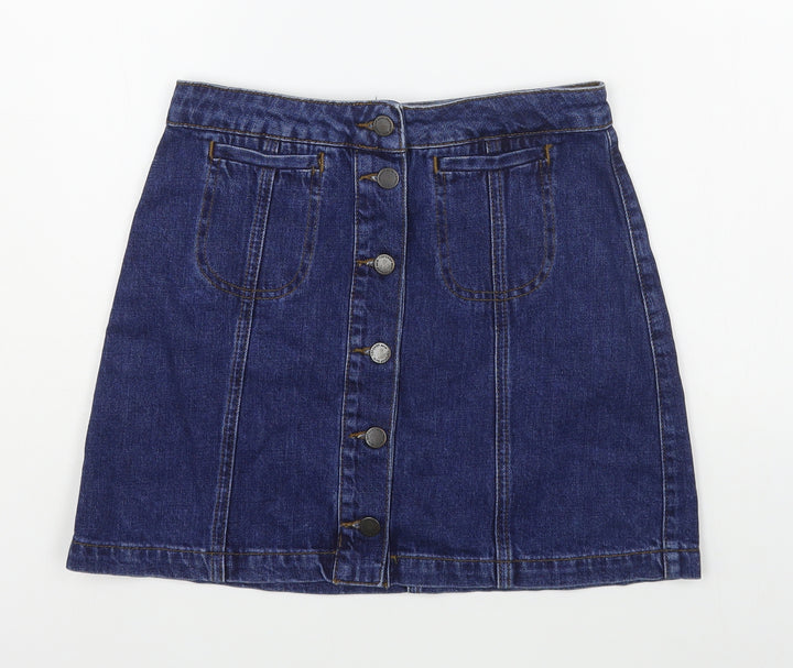 Topshop Womens Blue Cotton A-Line Skirt Size 26 in Button