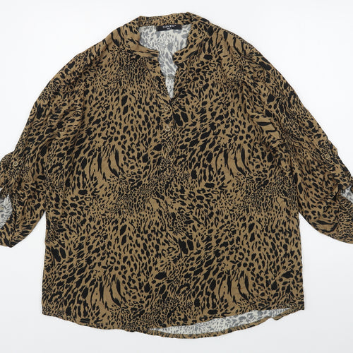 Zabaione Womens Brown Animal Print Viscose Basic Blouse Size L V-Neck