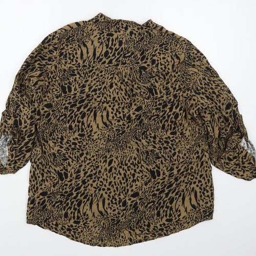 Zabaione Womens Brown Animal Print Viscose Basic Blouse Size L V-Neck