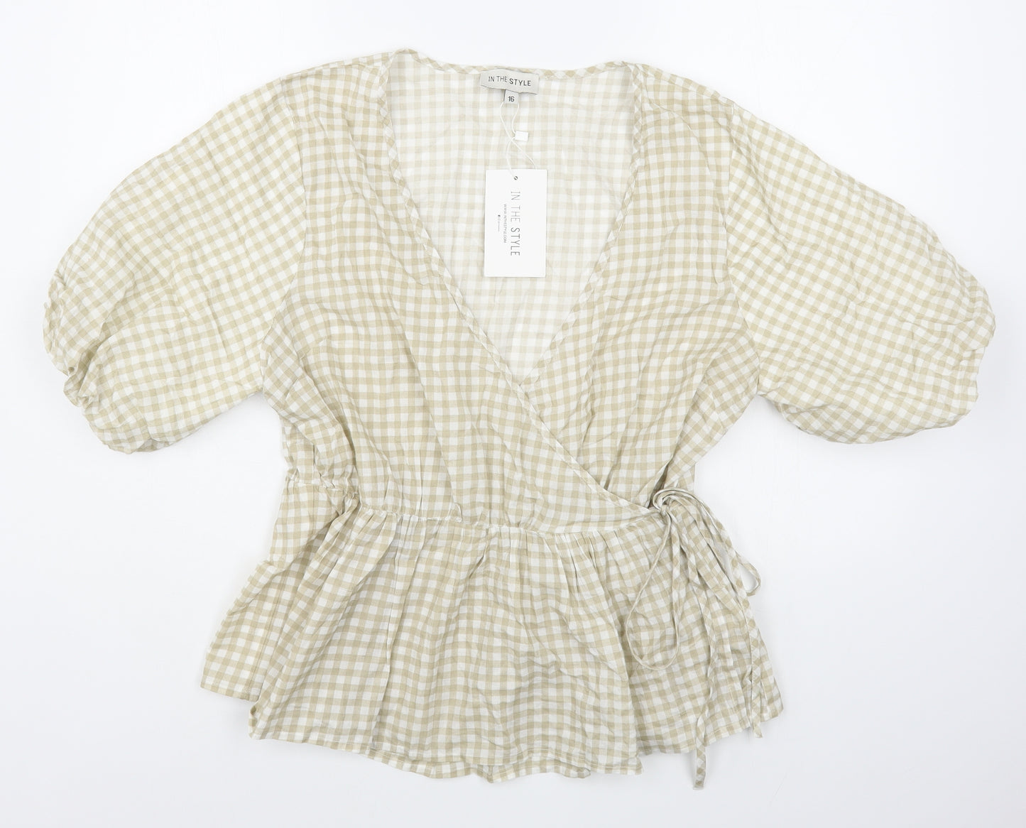 In the Style Womens Beige Check 100% Cotton Basic Blouse Size 16 V-Neck