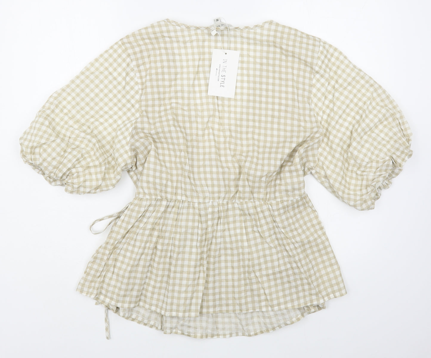 In the Style Womens Beige Check 100% Cotton Basic Blouse Size 16 V-Neck