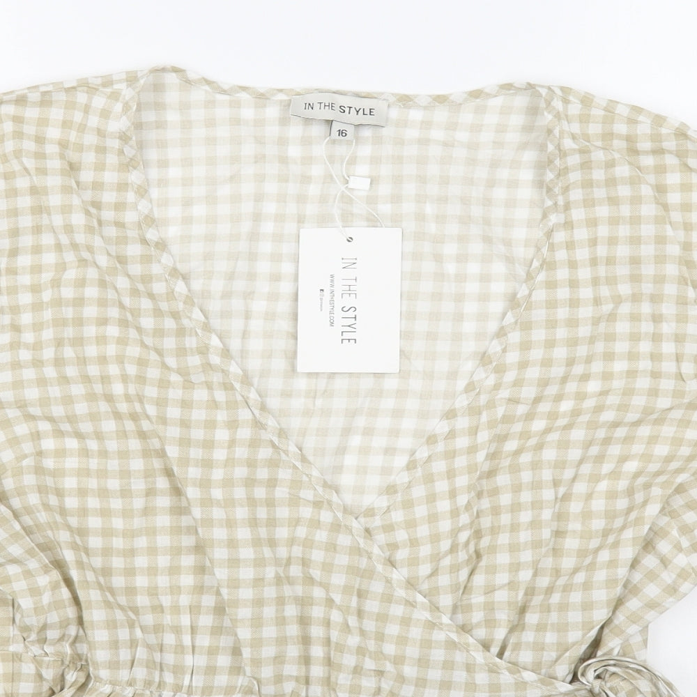 In the Style Womens Beige Check 100% Cotton Basic Blouse Size 16 V-Neck