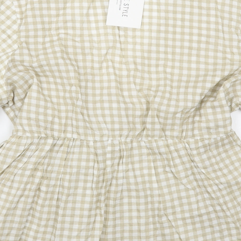 In the Style Womens Beige Check 100% Cotton Basic Blouse Size 16 V-Neck