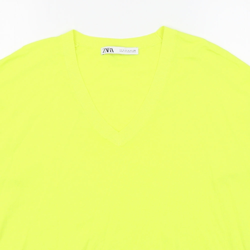 Zara Womens Yellow V-Neck  Viscose Pullover Jumper Size S