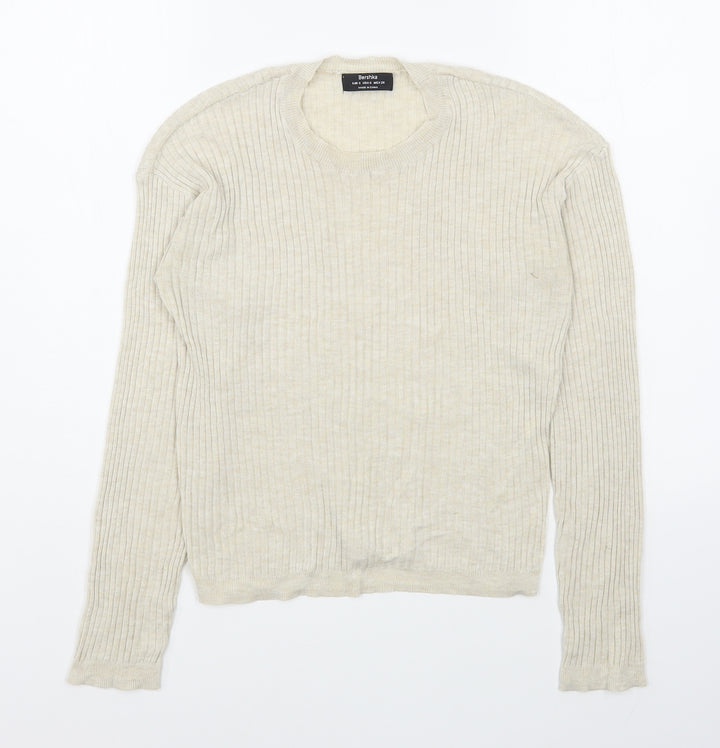 Bershka Womens Beige Round Neck  Polyester Pullover Jumper Size S