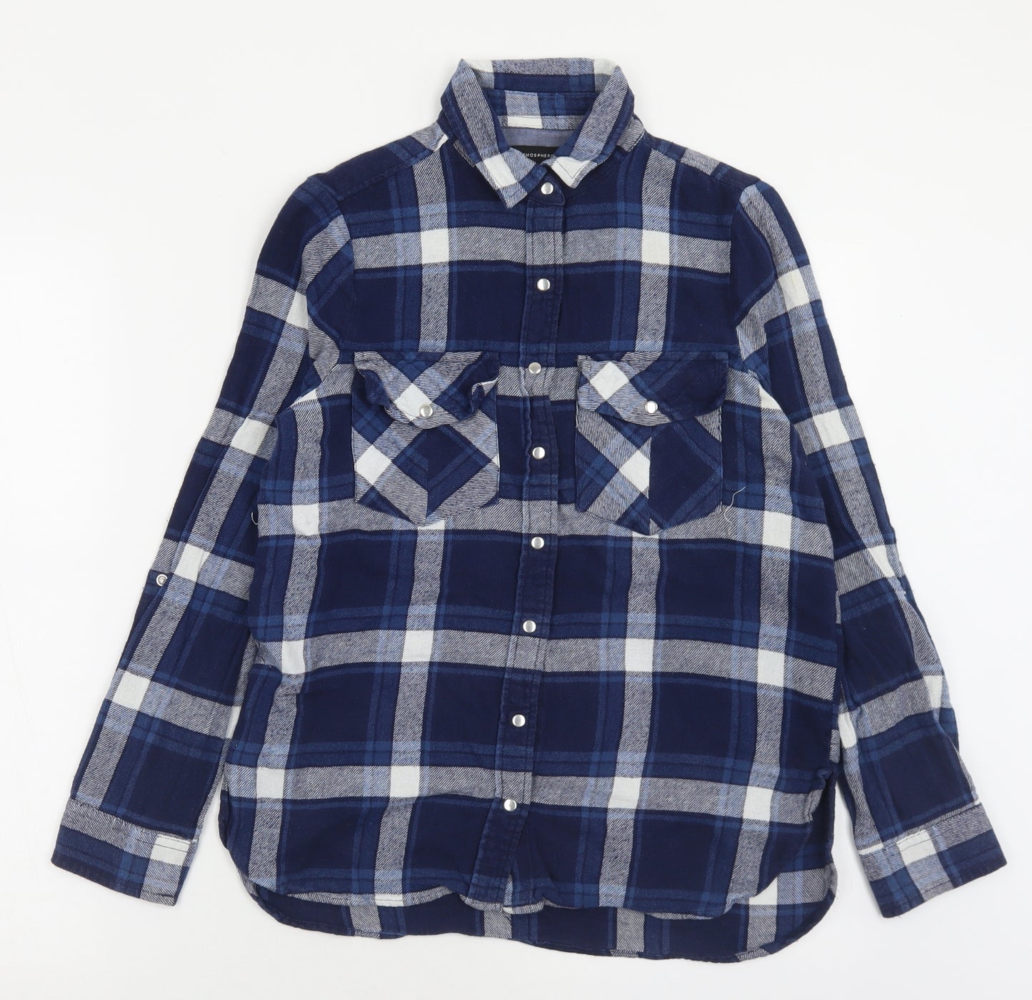 Atmosphere Womens Blue Check Polyester Basic Button-Up Size 10 Collared