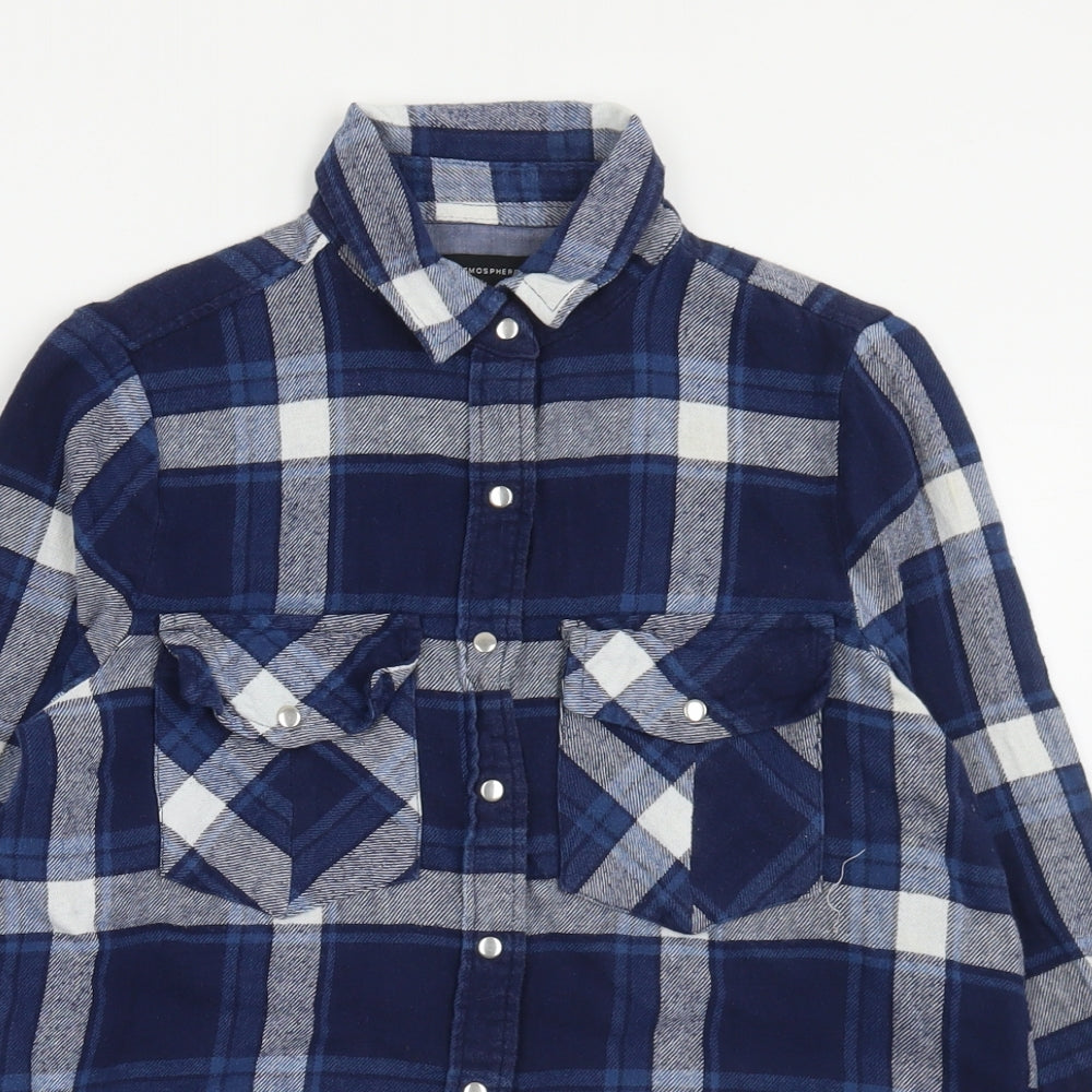Atmosphere Womens Blue Check Polyester Basic Button-Up Size 10 Collared