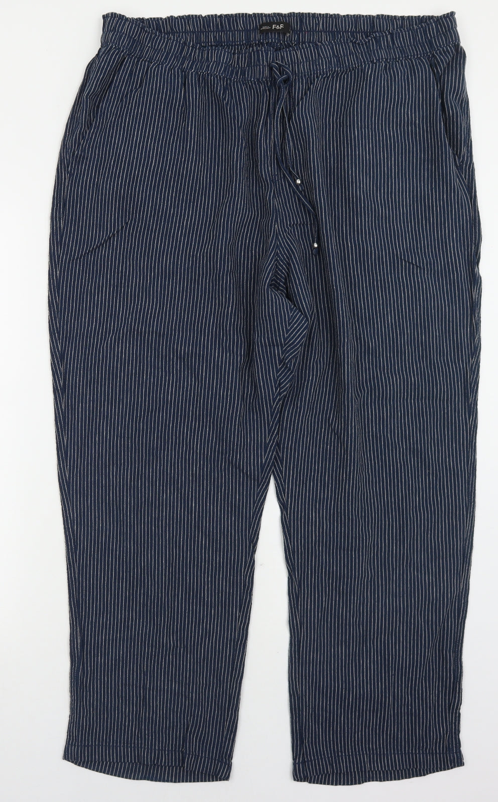 F&F Womens Blue Striped Linen Trousers  Size 20 L30 in Regular Tie