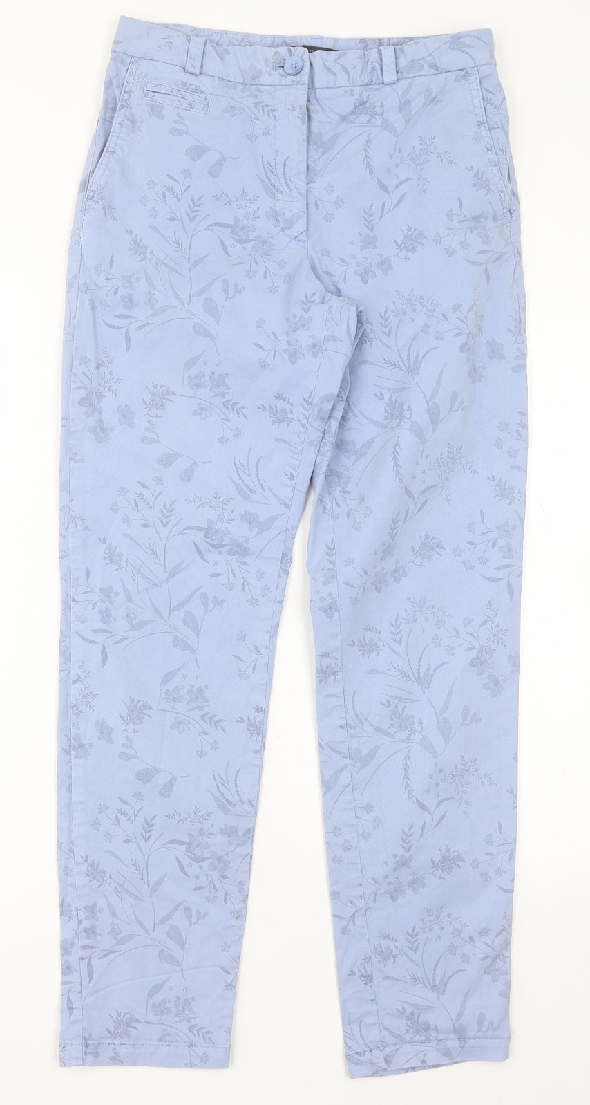 Marks and Spencer Womens Blue Floral Cotton Trousers  Size 8 L29 in Regular Button