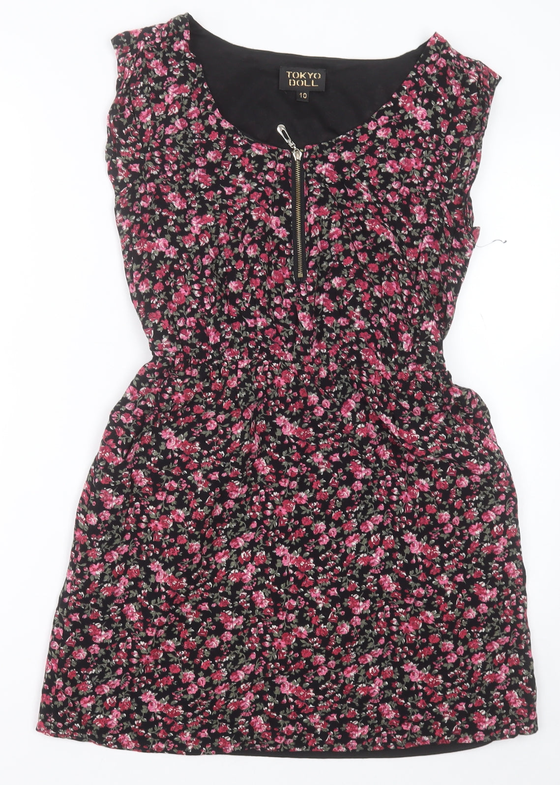 Tokyo Doll Womens Pink Floral Viscose A-Line  Size 10  Crew Neck Zip