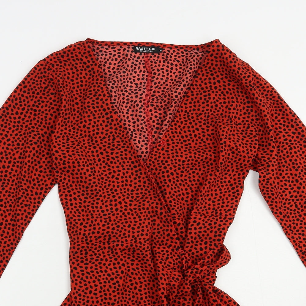 Nasty Gal Womens Red Animal Print Polyester Wrap Dress  Size M  V-Neck Tie