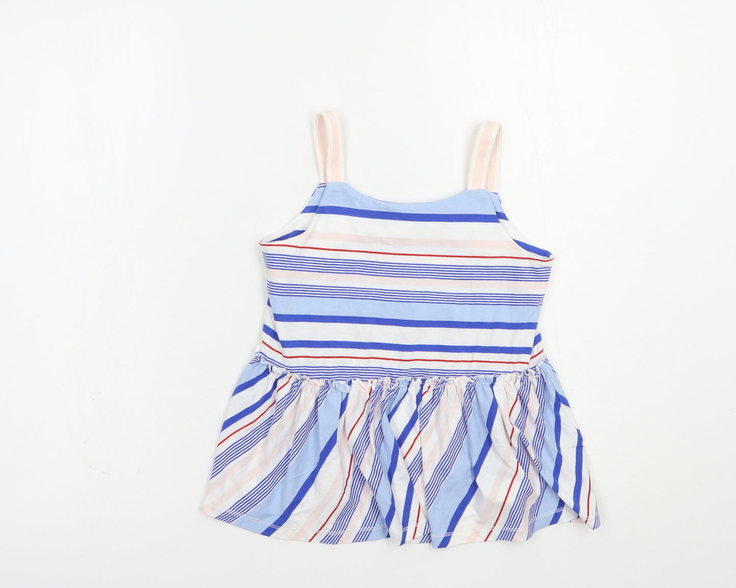 Marks and Spencer Girls Blue Striped Cotton Pullover T-Shirt Size 7-8 Years Square Neck Pullover
