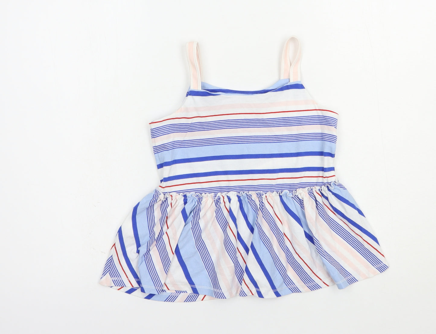 Marks and Spencer Girls Blue Striped Cotton Pullover T-Shirt Size 7-8 Years Square Neck Pullover