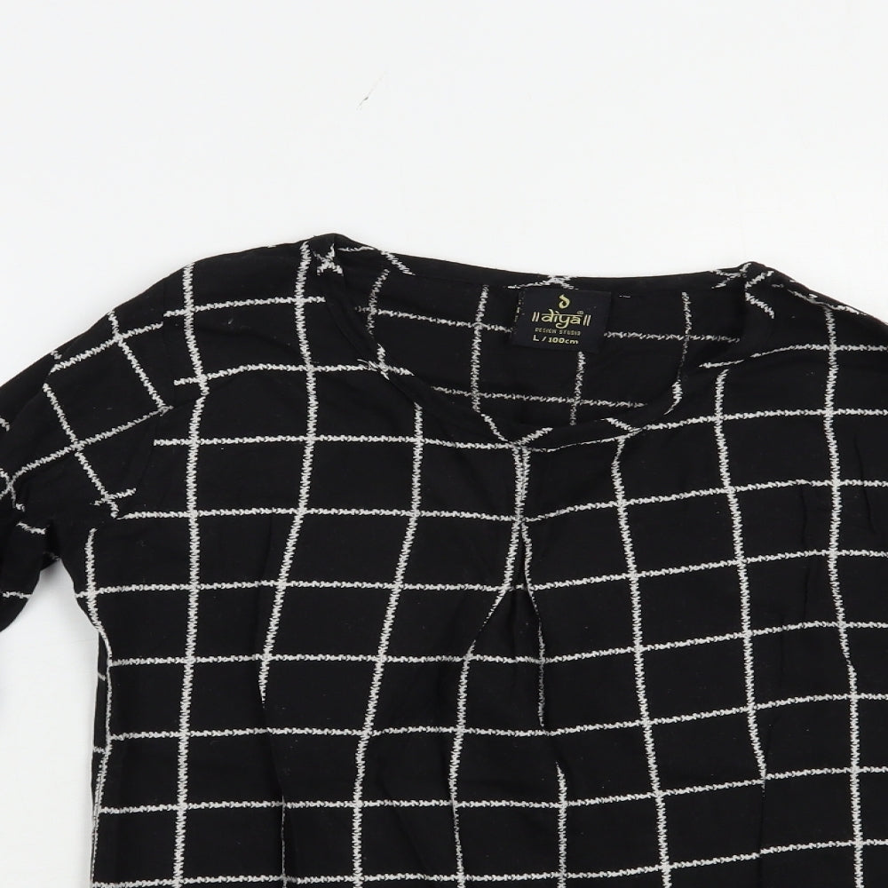 Diya Womens Black Check Cotton Basic Blouse Size L Crew Neck