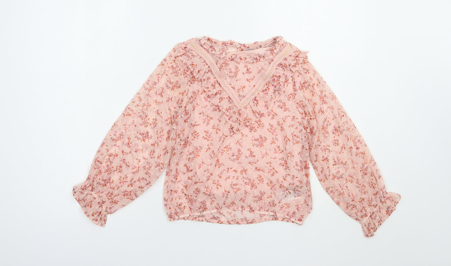 NEXT Girls Pink Floral Polyester Pullover Blouse Size 8 Years Round Neck Buckle