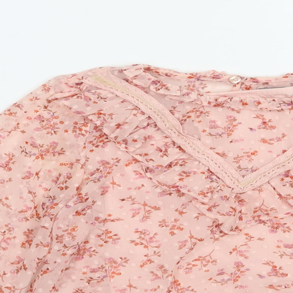 NEXT Girls Pink Floral Polyester Pullover Blouse Size 8 Years Round Neck Buckle