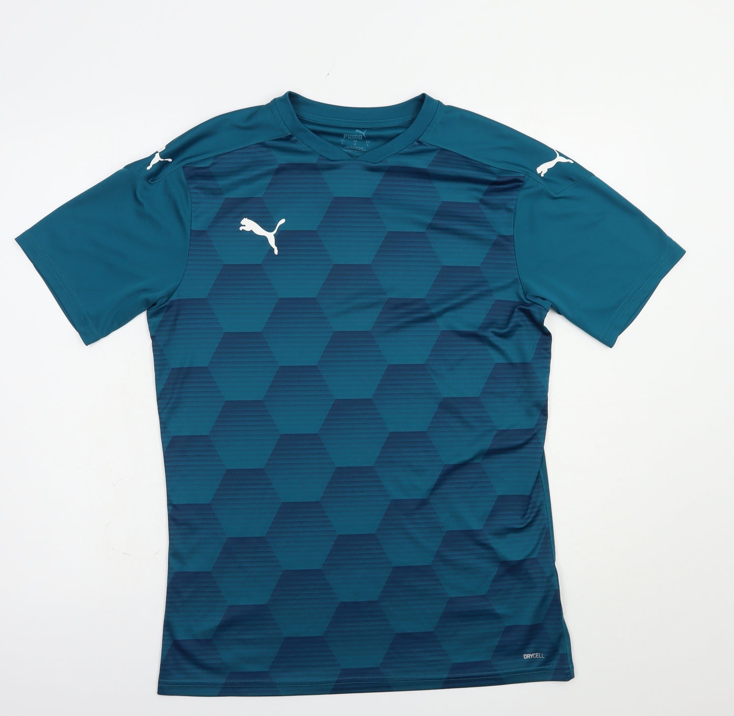 PUMA Mens Blue Geometric Polyester  T-Shirt Size L V-Neck
