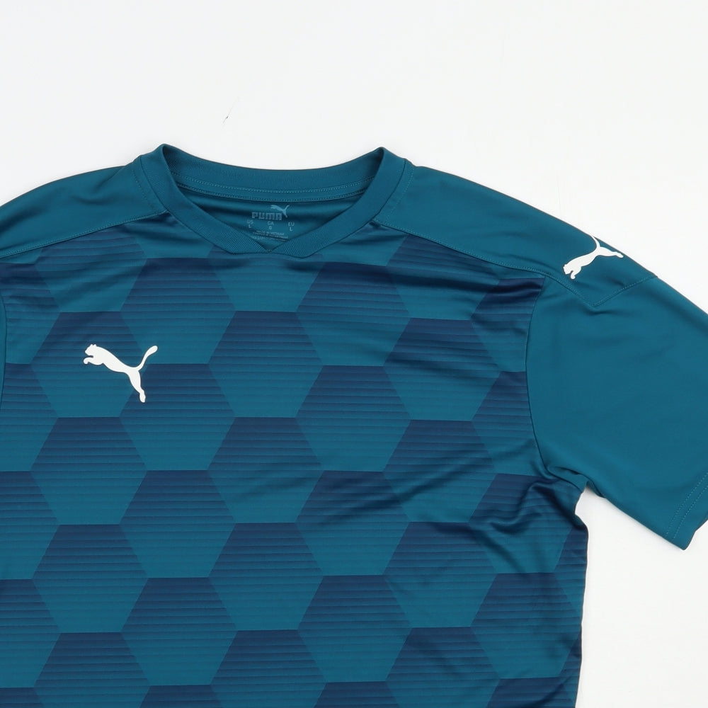 PUMA Mens Blue Geometric Polyester  T-Shirt Size L V-Neck