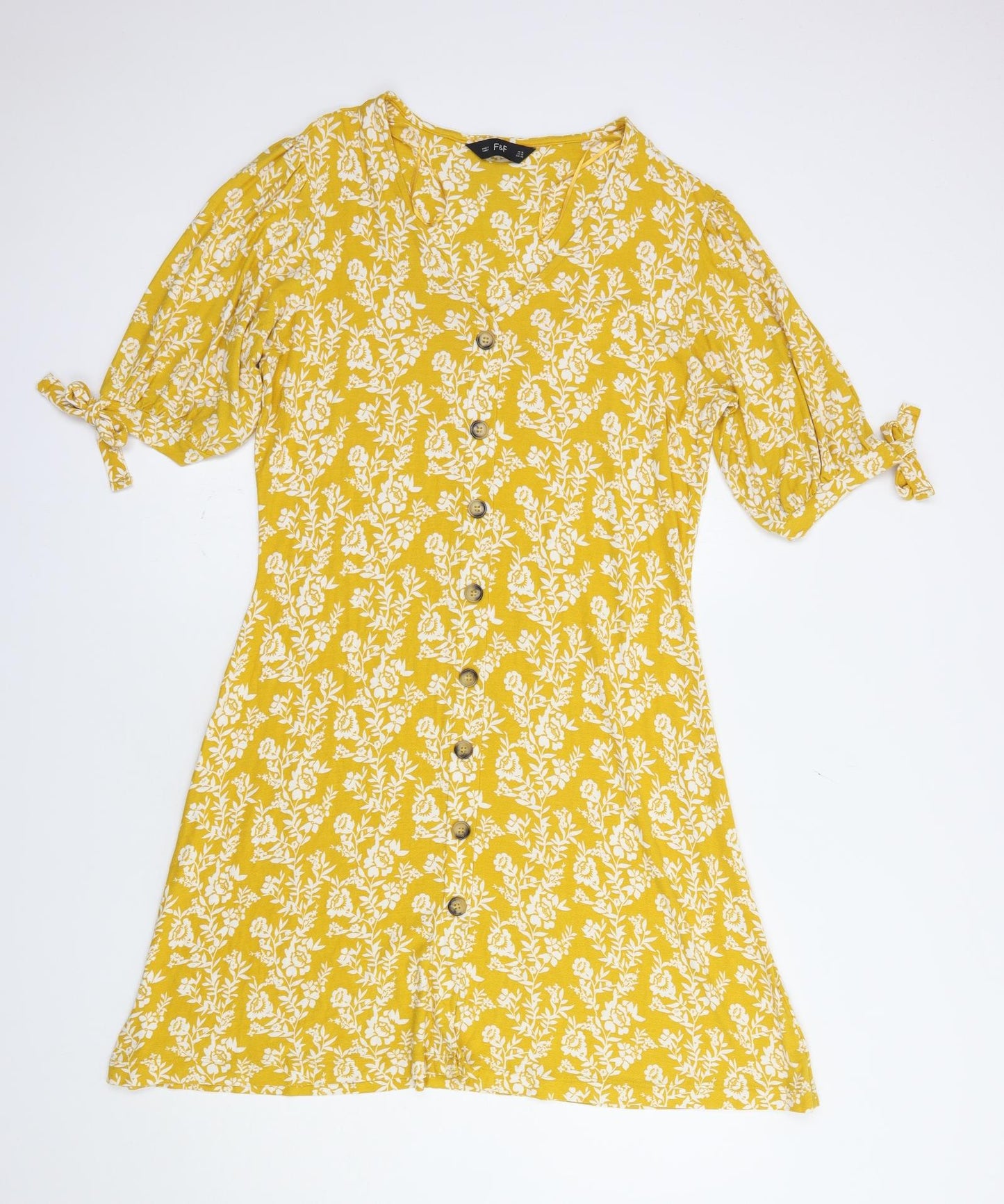 F&F Womens Yellow Floral Viscose Fit & Flare  Size 16  V-Neck Pullover