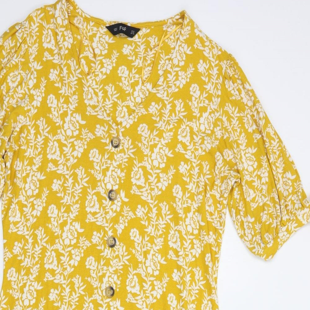 F&F Womens Yellow Floral Viscose Fit & Flare  Size 16  V-Neck Pullover