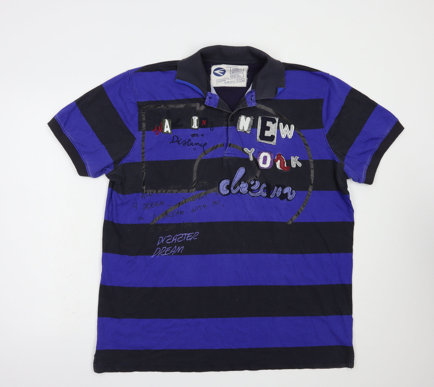 Exist Mens Blue Striped Cotton  Polo Size XL Collared Button