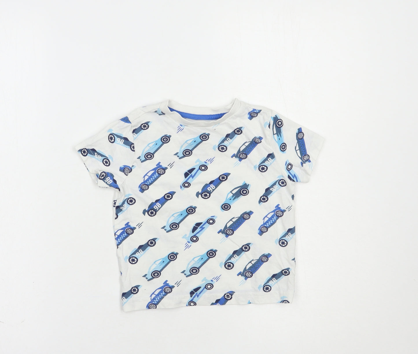 F&F Boys White Geometric Cotton Basic T-Shirt Size 2-3 Years Crew Neck Pullover - Car Print