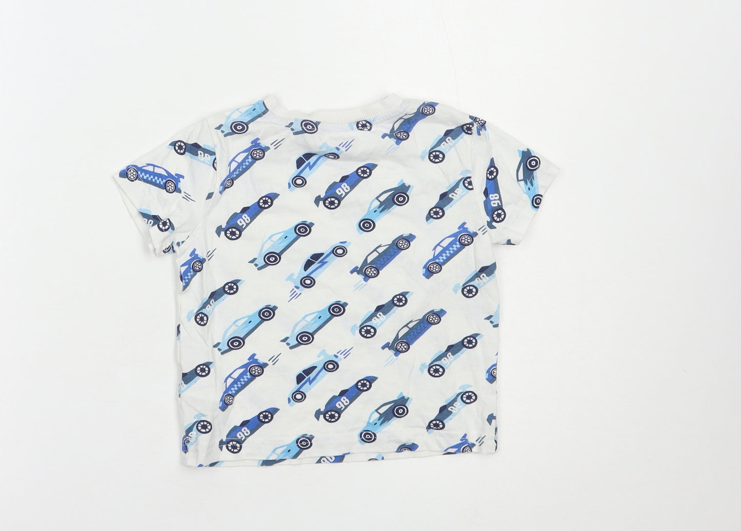 F&F Boys White Geometric Cotton Basic T-Shirt Size 2-3 Years Crew Neck Pullover - Car Print
