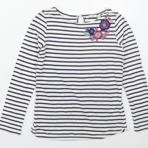 Fat Face Girls Blue Striped Cotton Basic T-Shirt Size 8-9 Years Boat Neck Pullover - Flowers