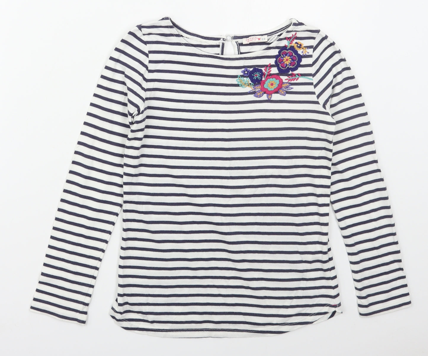 Fat Face Girls Blue Striped Cotton Basic T-Shirt Size 8-9 Years Boat Neck Pullover - Flowers