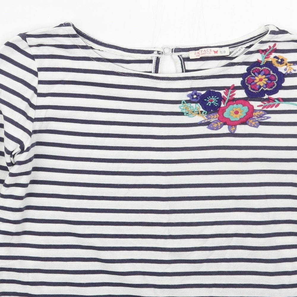 Fat Face Girls Blue Striped Cotton Basic T-Shirt Size 8-9 Years Boat Neck Pullover - Flowers