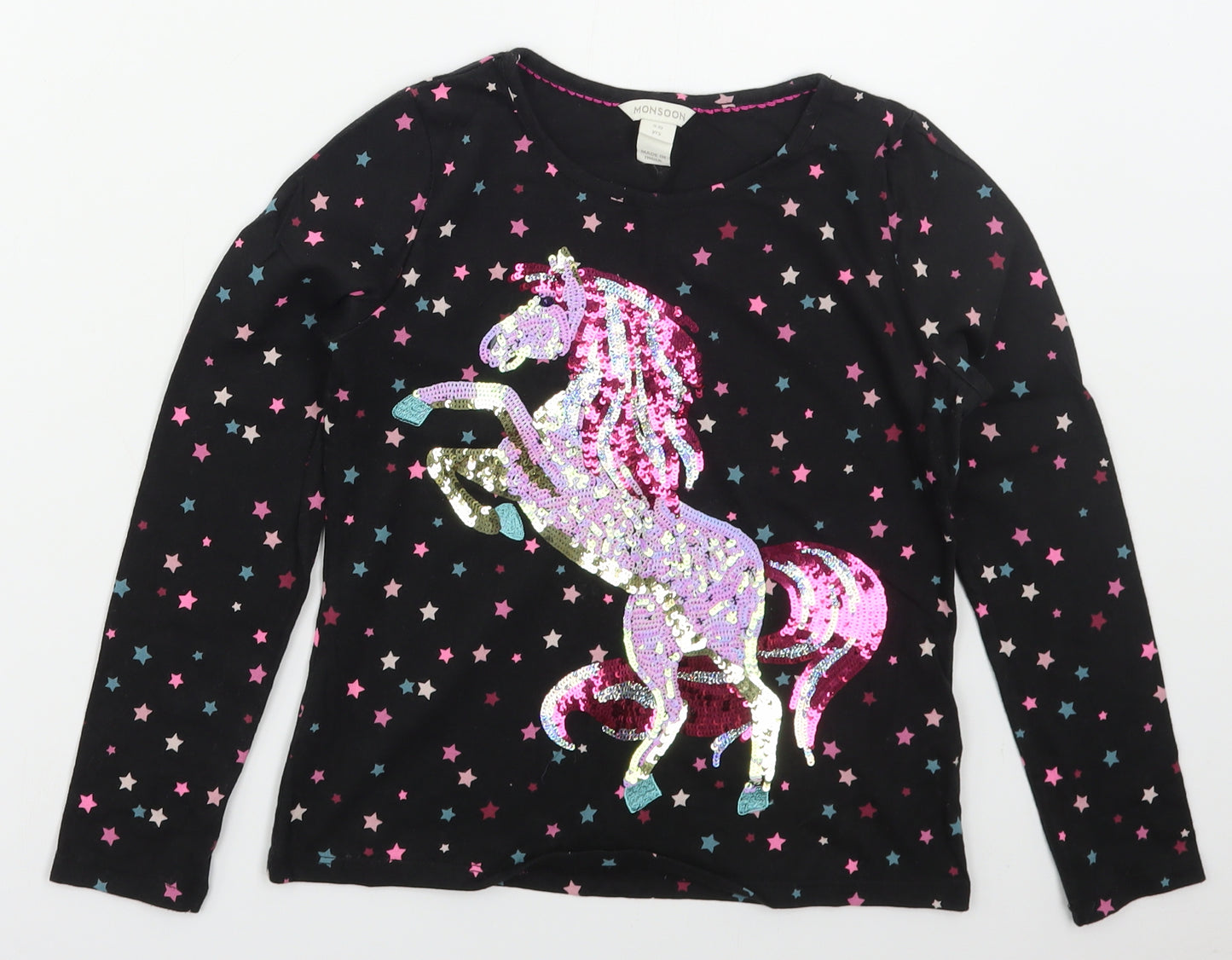 Monsoon Girls Black Geometric Cotton Basic T-Shirt Size 9-10 Years Crew Neck Pullover - Unicorn Stars