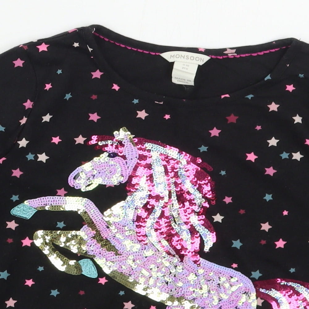 Monsoon Girls Black Geometric Cotton Basic T-Shirt Size 9-10 Years Crew Neck Pullover - Unicorn Stars
