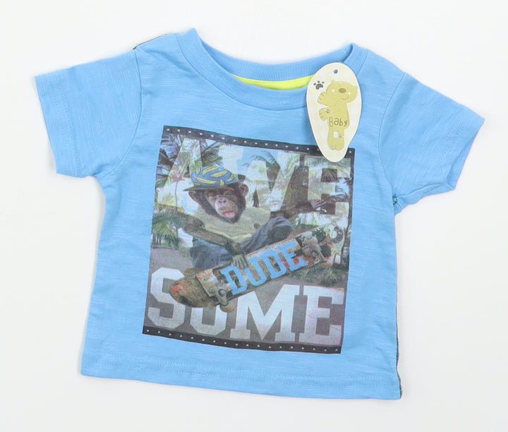 Peacocks Boys Blue Cotton Basic T-Shirt Size 6-9 Months Crew Neck Pullover - Awesome Monkey
