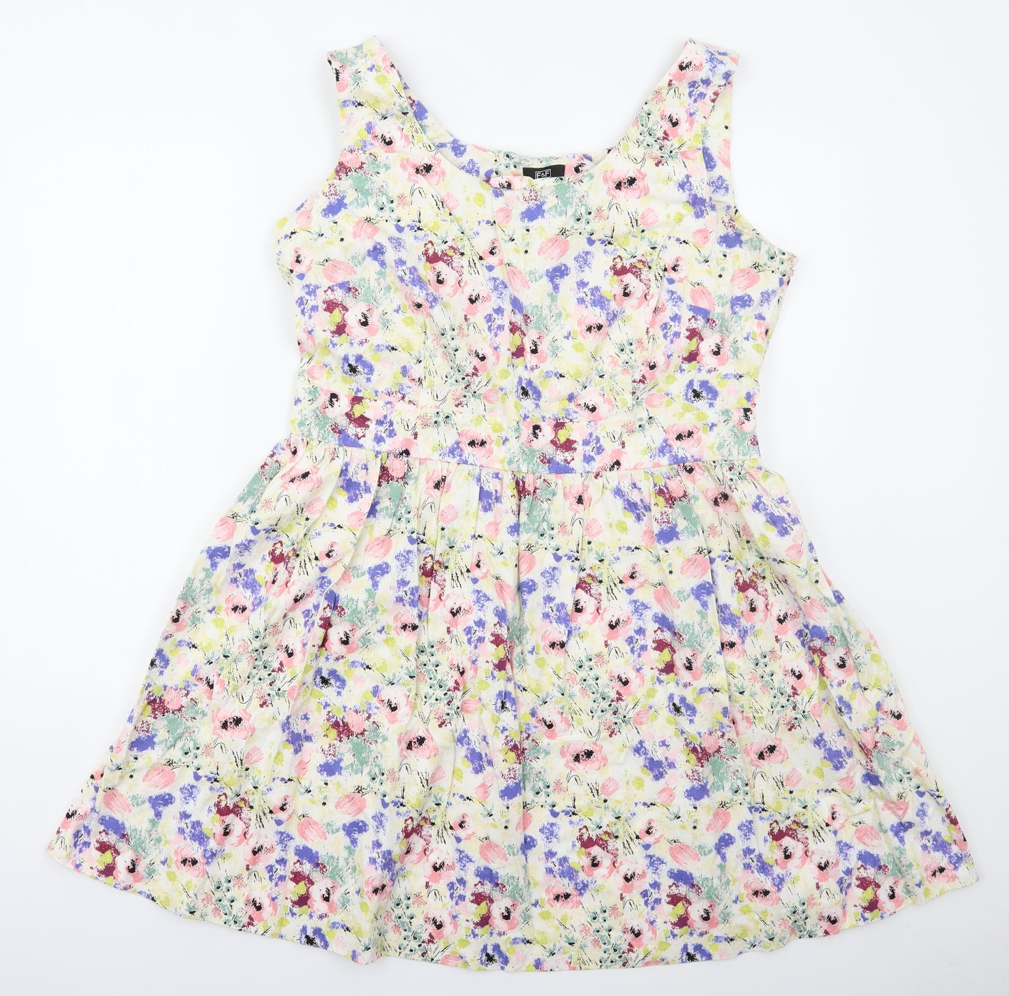 F&F Womens Multicoloured Floral Cotton Skater Dress  Size 18  Scoop Neck Zip
