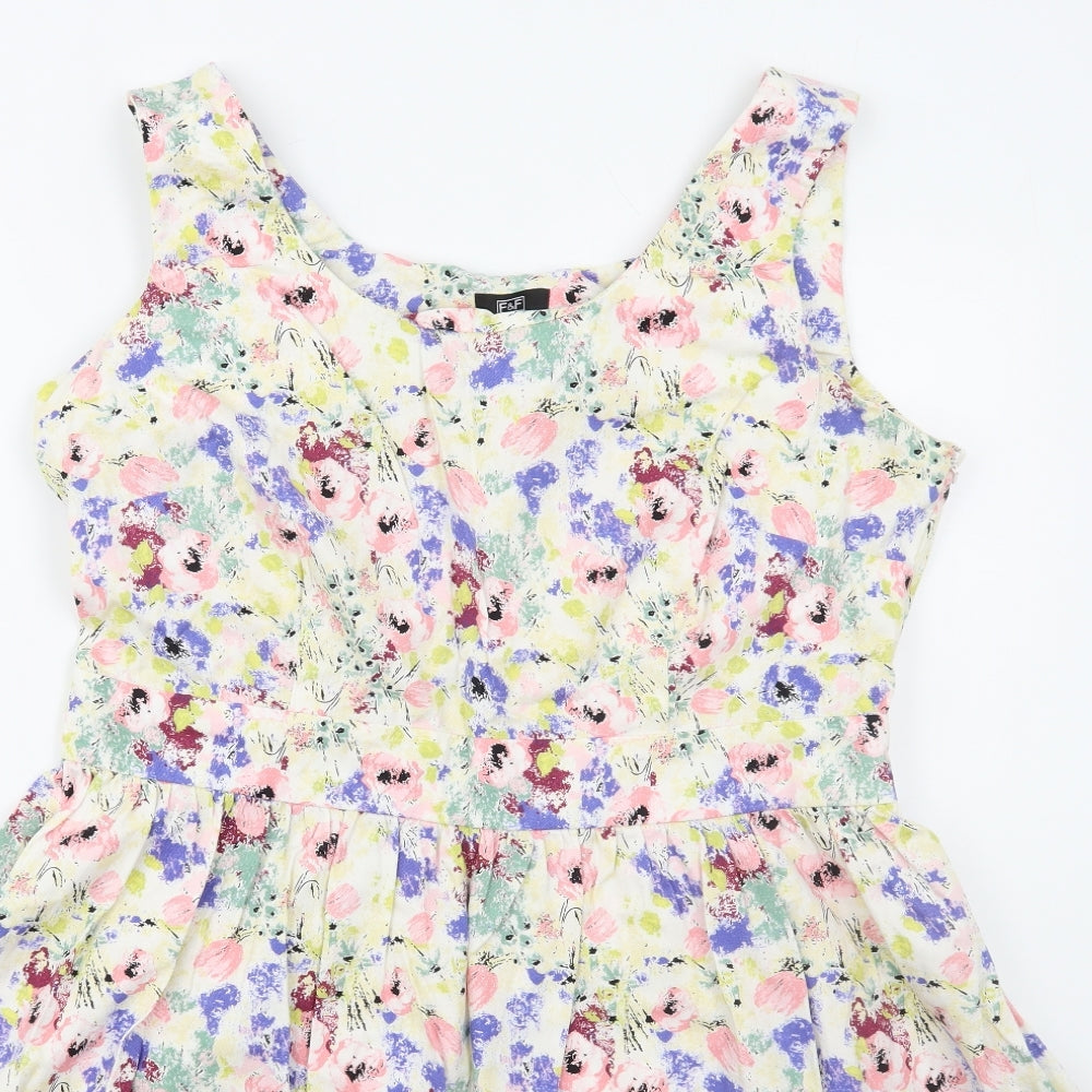 F&F Womens Multicoloured Floral Cotton Skater Dress  Size 18  Scoop Neck Zip