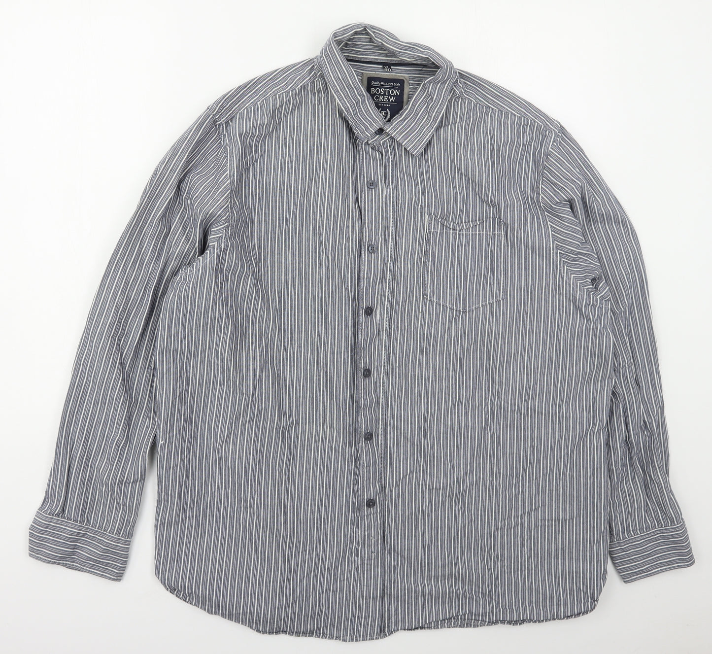 Boston Crew Mens Blue Striped Cotton  Button-Up Size XL Collared Button