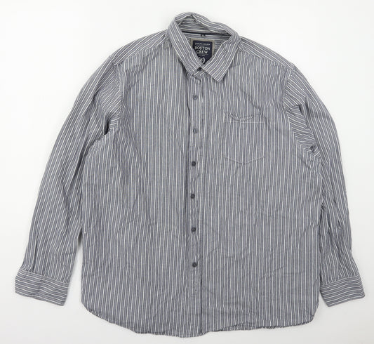 Front view of Boston Crew men’s blue striped cotton button-up, size XL, collared button