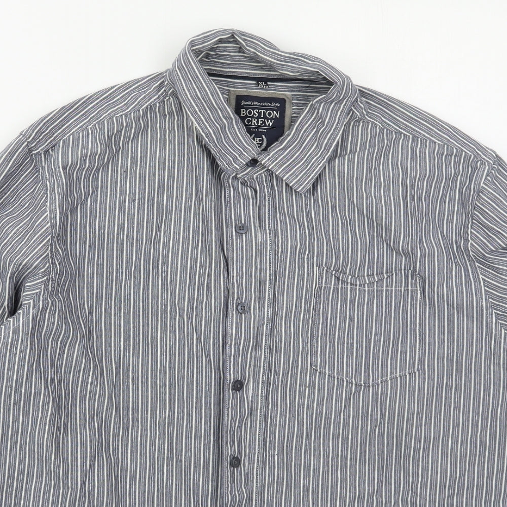 Boston Crew Mens Blue Striped Cotton  Button-Up Size XL Collared Button