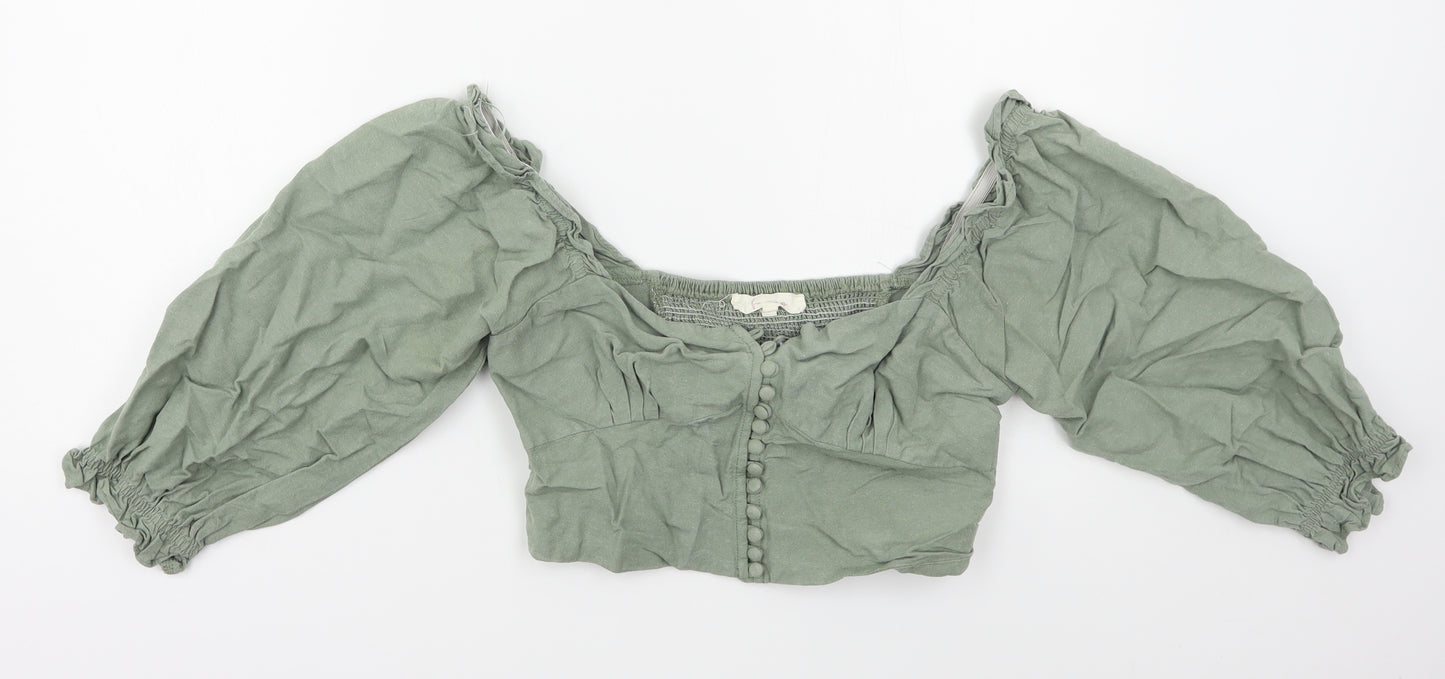 Fanco Womens Green  Ramie Cropped Blouse Size L Boat Neck