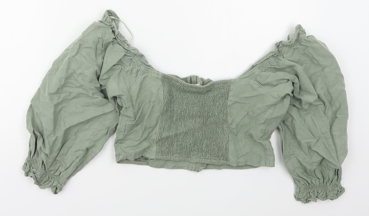 Fanco Womens Green  Ramie Cropped Blouse Size L Boat Neck