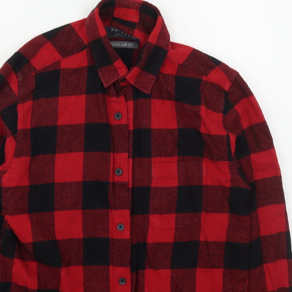 Primark Mens Red Check Cotton  Button-Up Size XS Collared Button
